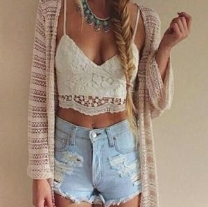 Woman Tank Lace Vest Bra Crop Top (S) White
